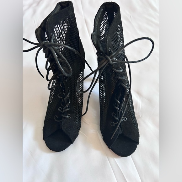 Shoes - Black Lace-Up Mesh Peep-Toe Heels
